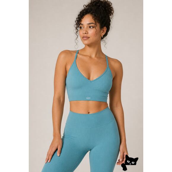SET Active Tops - Set Active Light Aqua Ribbed Scuptflex Crop V Neck Skinny Strap Y Back XS / S